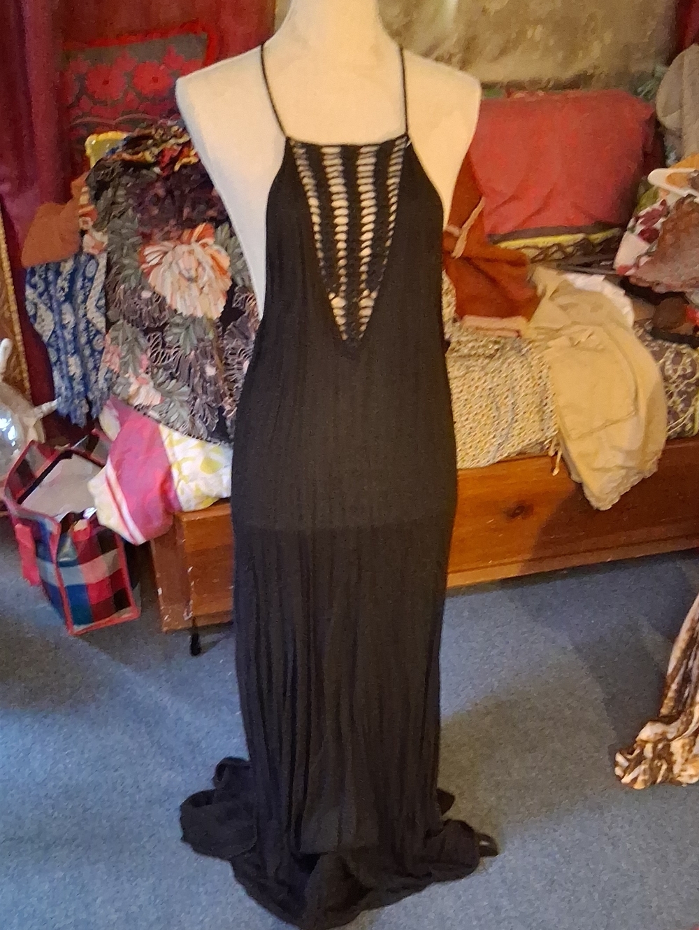 acacia swimwear Black Crochet-Front Halter Maxi Dress